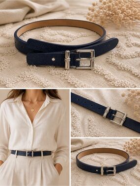 Vintage Classic Women's Navy Leather Belt with Silver Buckle